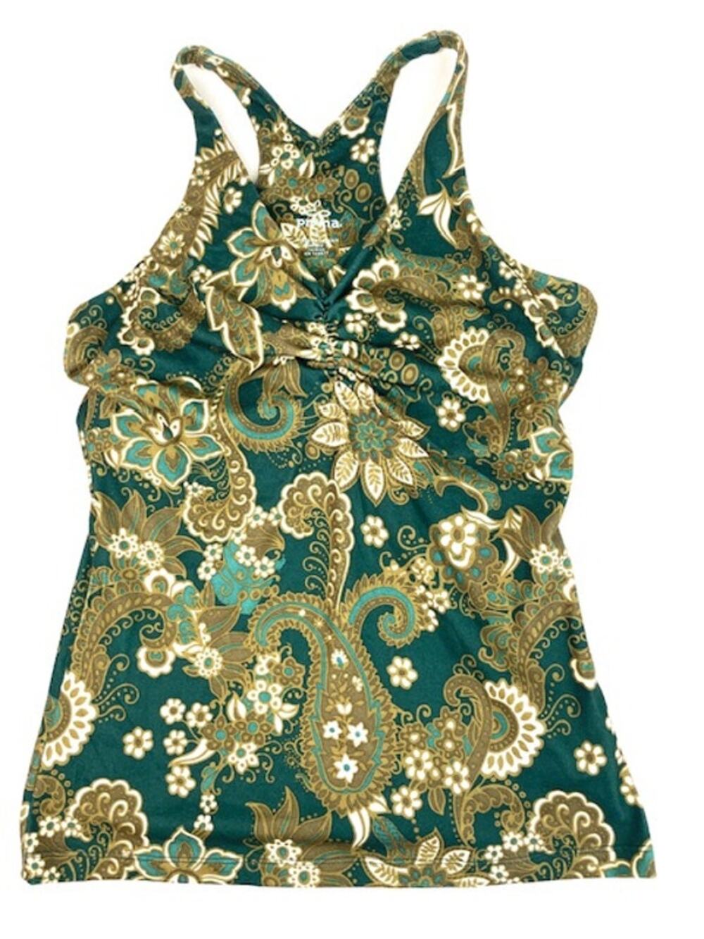 prAna Paisley Racerback Yoga Tank Top Built-In Shelf Bra Teal Women's Small